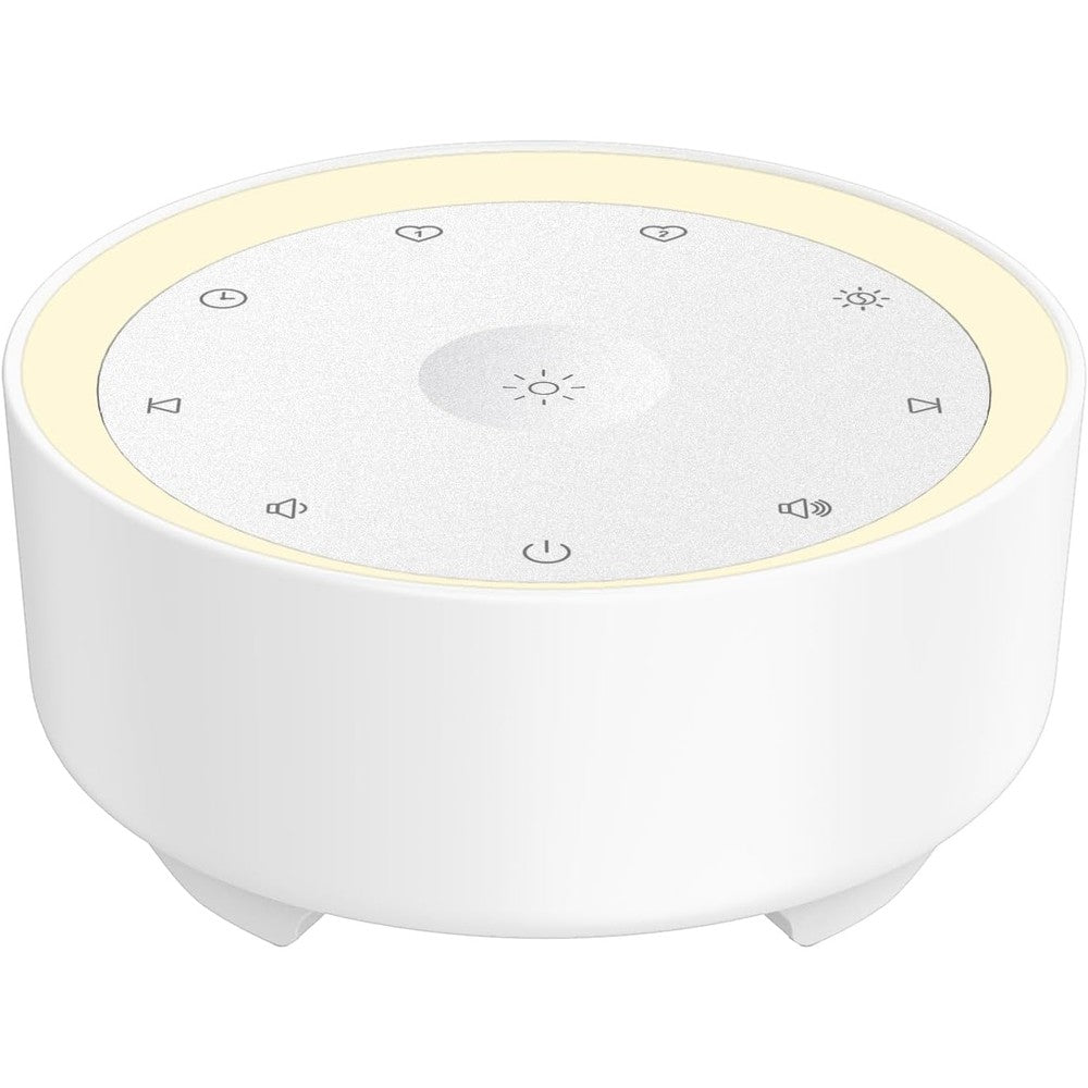 Kipcush White Noise Machine front view showing touch controls and white exterior.