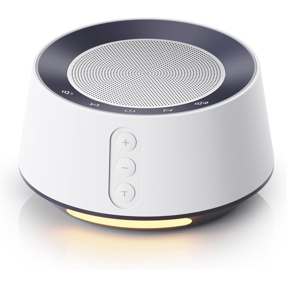 BGOVERSS White Noise Sound Machine front view showing speaker grille and control buttons.