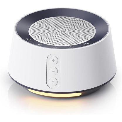 BGOVERSS White Noise Sound Machine front view showing speaker grille and control buttons.