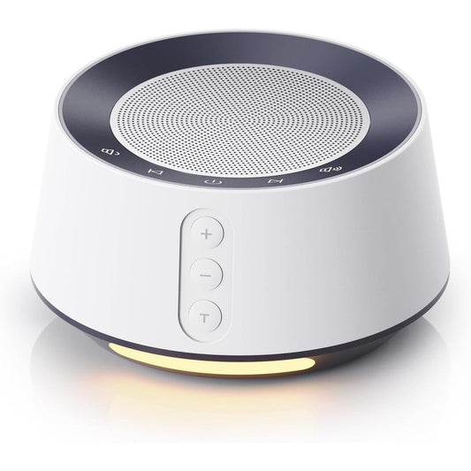 BGOVERSS White Noise Sound Machine front view showing speaker grille and control buttons.