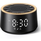 Dreamegg D1 Nova white noise sound machine front view showing digital alarm clock display