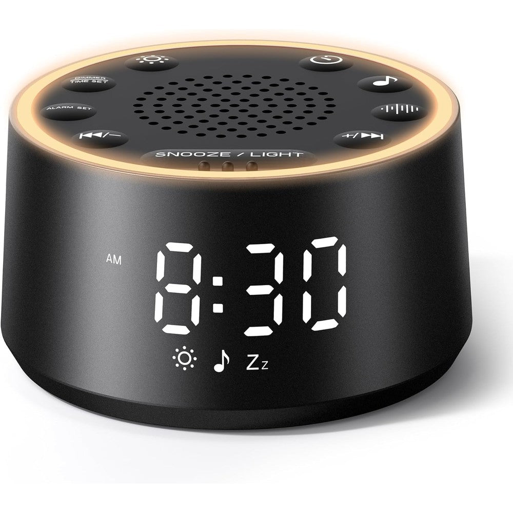 Dreamegg D1 Nova white noise sound machine front view showing digital alarm clock display