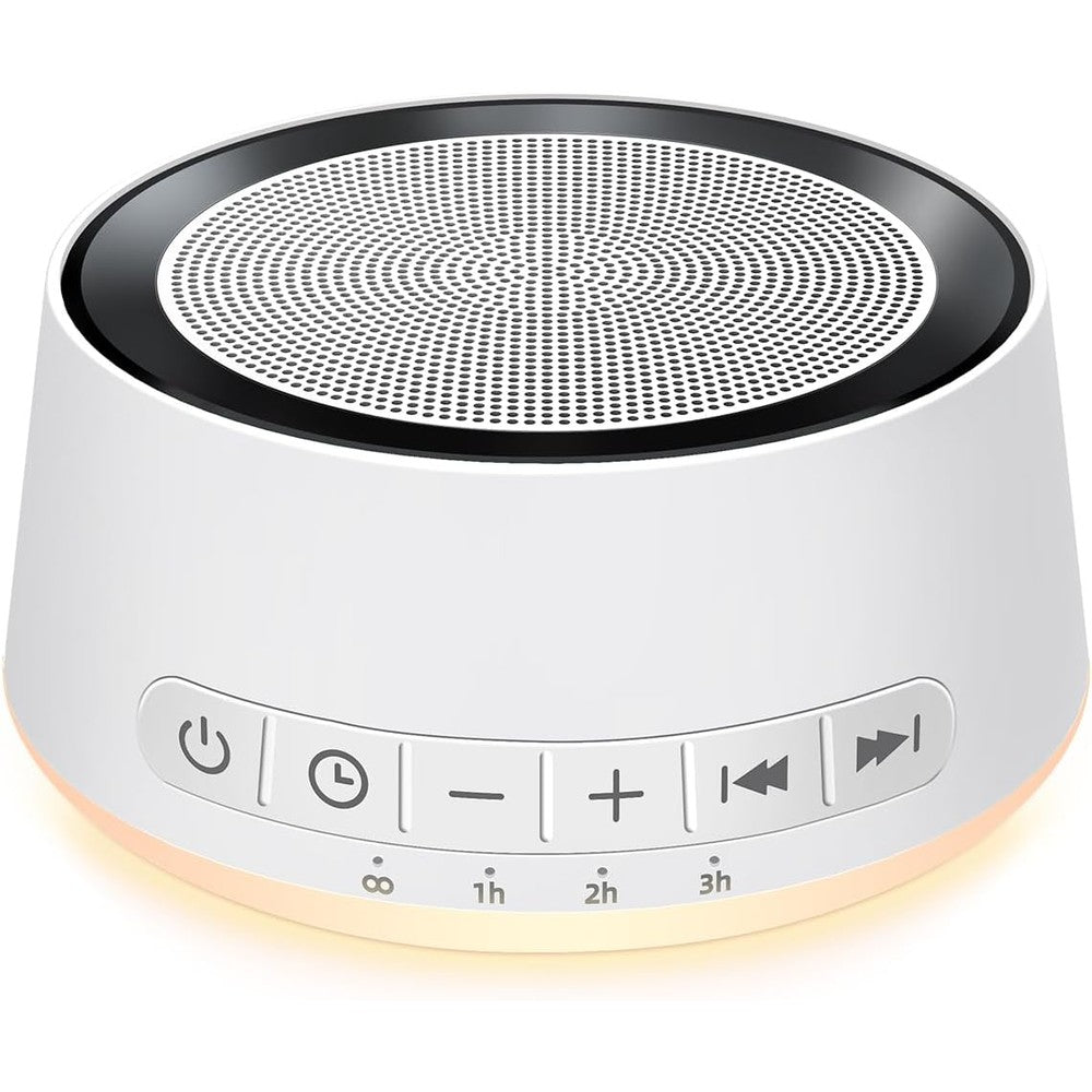 SoundMe White Noise Machine front view with warm yellow night light glow.