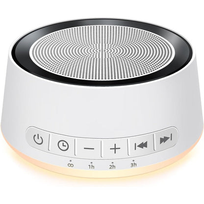 SoundMe White Noise Machine front view with warm yellow night light glow.