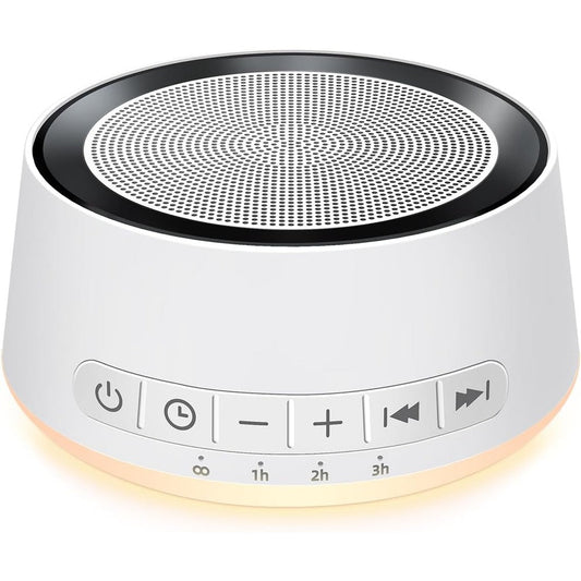 SoundMe White Noise Machine front view with warm yellow night light glow.