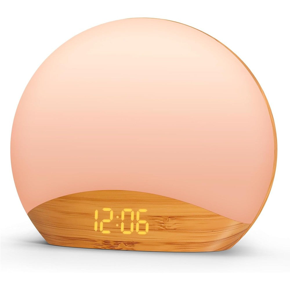 REACHER Wood Grain Sunrise Alarm Clock front view showing digital time and warm light.