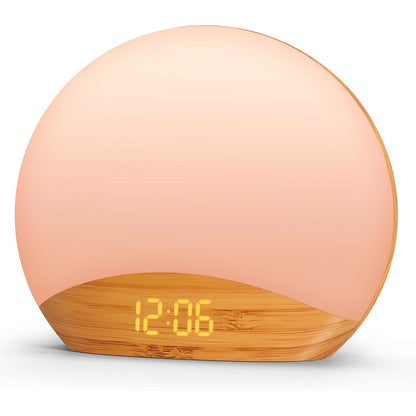 REACHER Wood Grain Sunrise Alarm Clock front view showing digital time and warm light.