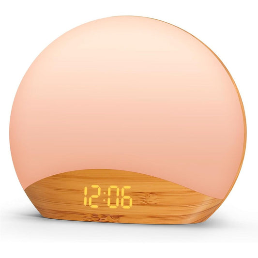 REACHER Wood Grain Sunrise Alarm Clock front view showing digital time and warm light.