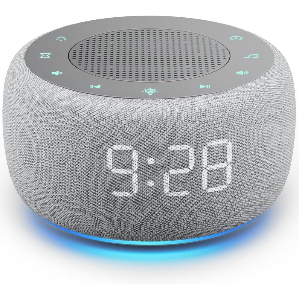 Buffbee 2-in-1 Alarm Clock and Sound Machine front view in grey fabric.