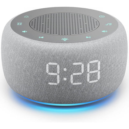 Buffbee 2-in-1 Alarm Clock and Sound Machine front view in grey fabric.