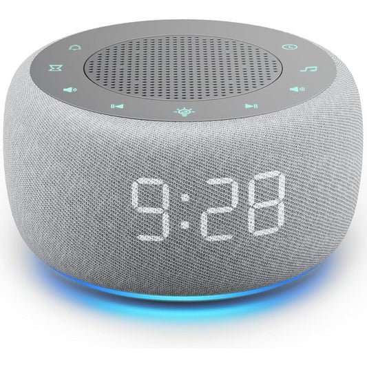 Buffbee 2-in-1 Alarm Clock and Sound Machine front view in grey fabric.