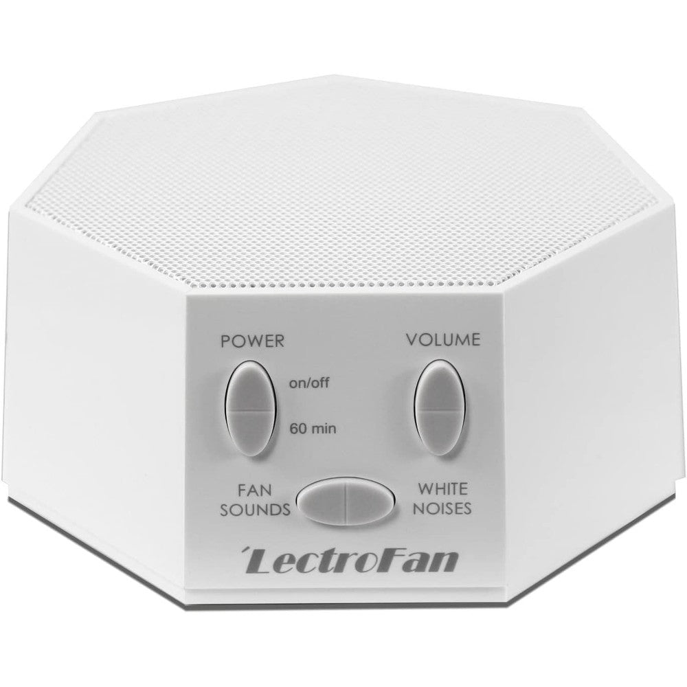 Adaptive Sound Technologies LectroFan Classic in white showing front control panel for sleep sound therapy.