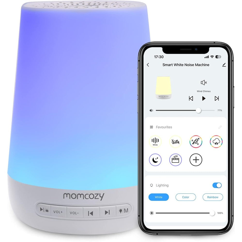 Momcozy Baby Sound Machine front view blue smart white noise device.