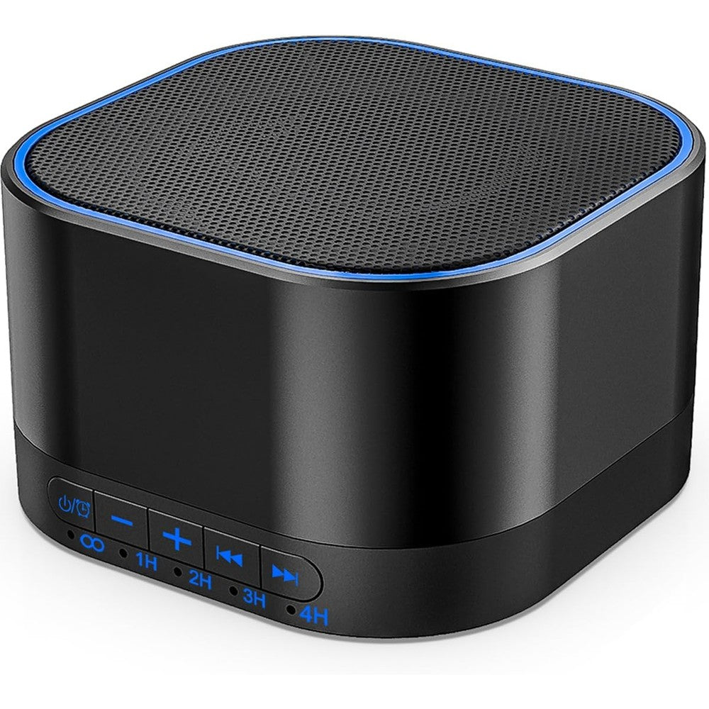 Magicteam White Noise Machine front view showing buttons and blue light ring for sleep therapy.