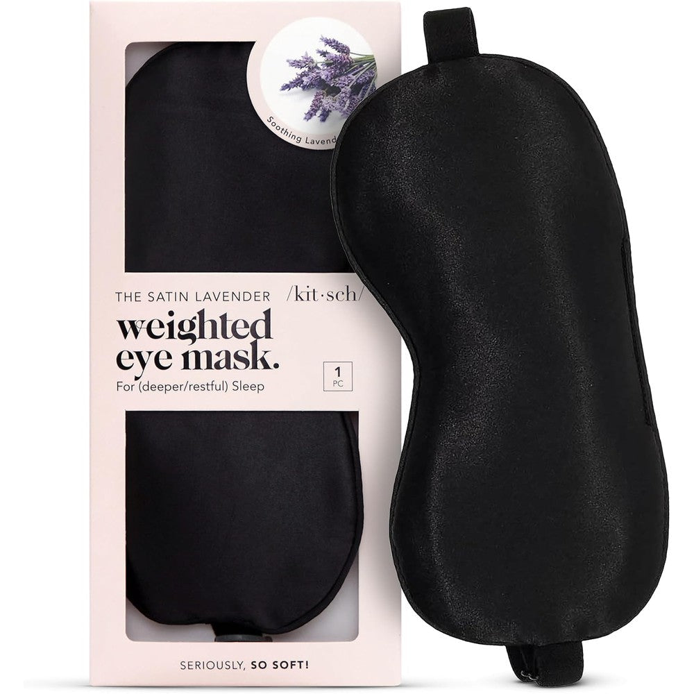 Kitsch Lavender Weighted Satin Sleep Mask front view in black for deep sleep.