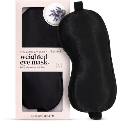 Kitsch Lavender Weighted Satin Sleep Mask front view in black for deep sleep.