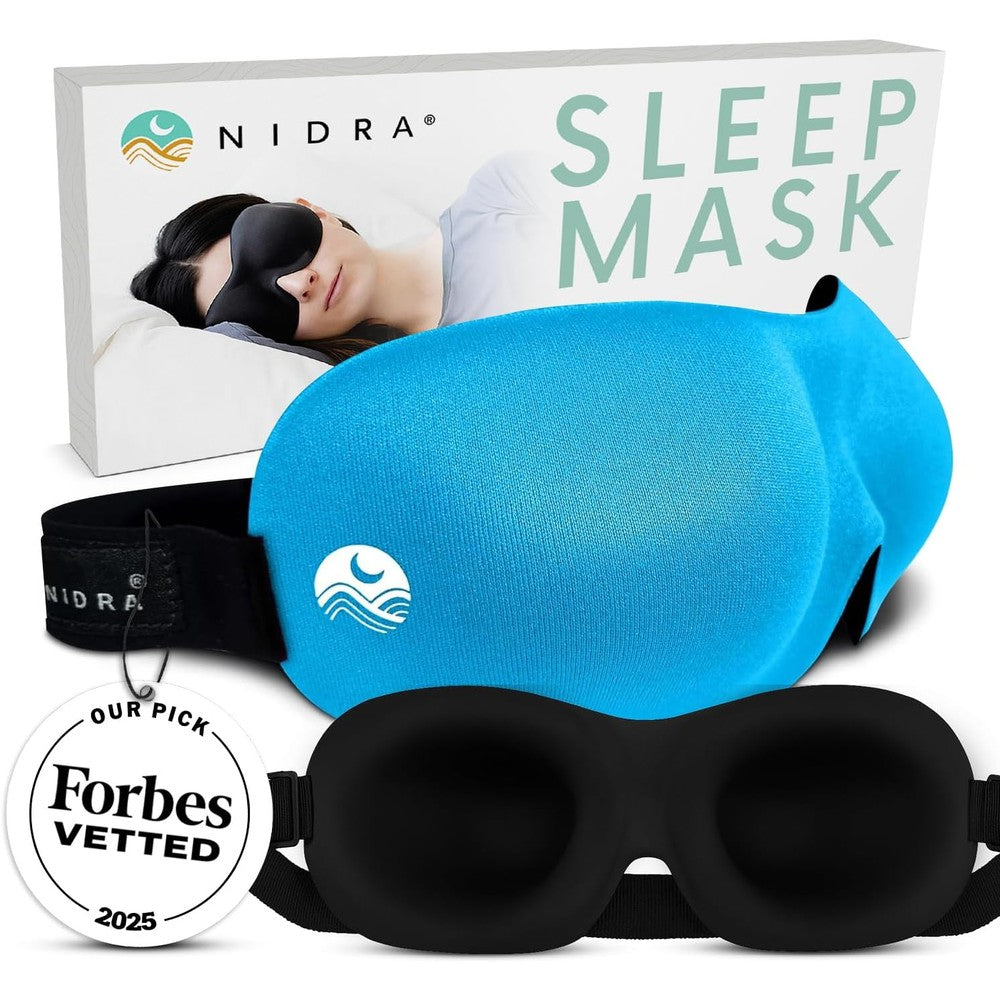 Nidra Contoured Sleep Mask Blue front view showing 3D eye cups.