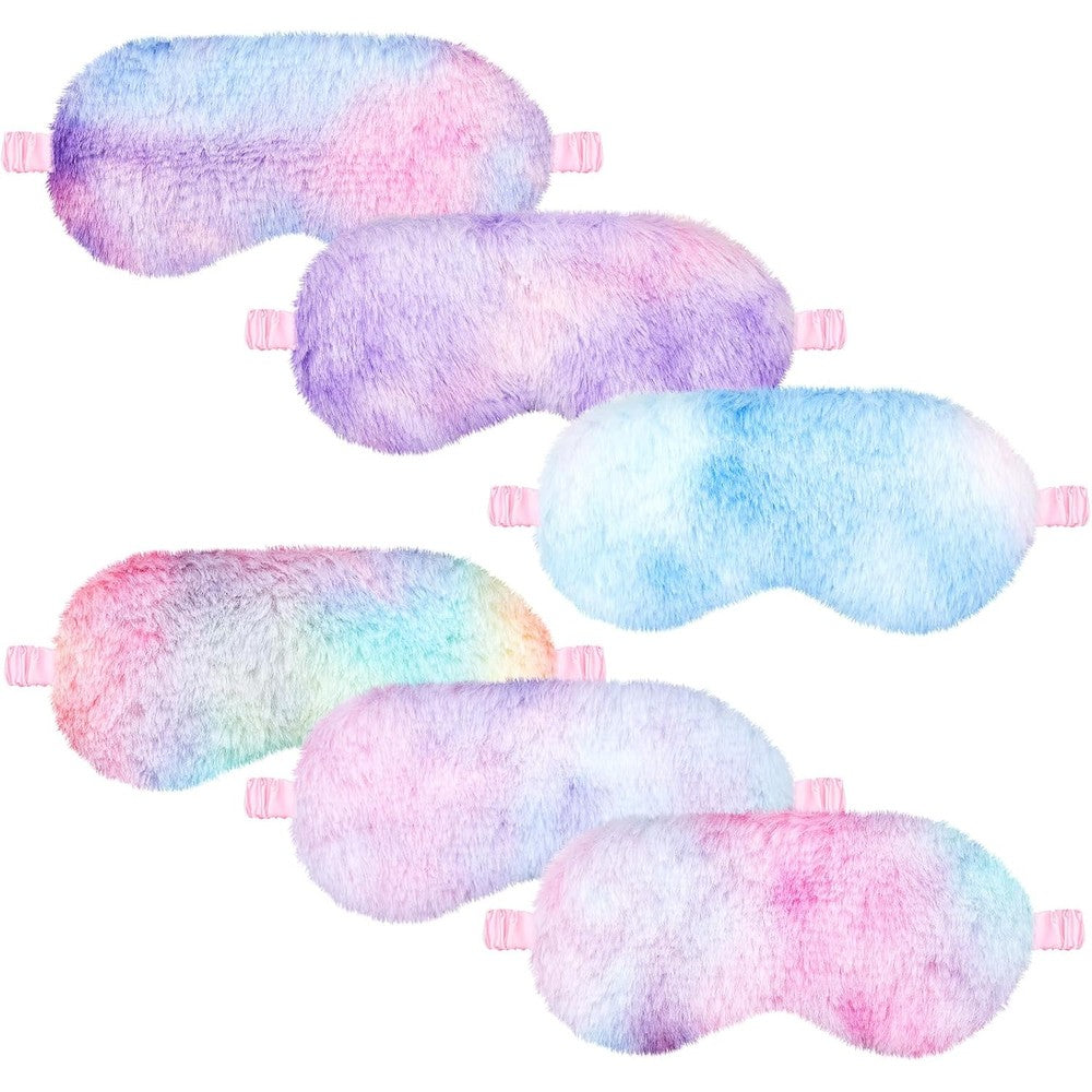 Cuffbow 6 Pack Plush Sleep Eye Mask front view featuring colorful tie-dye patterns.