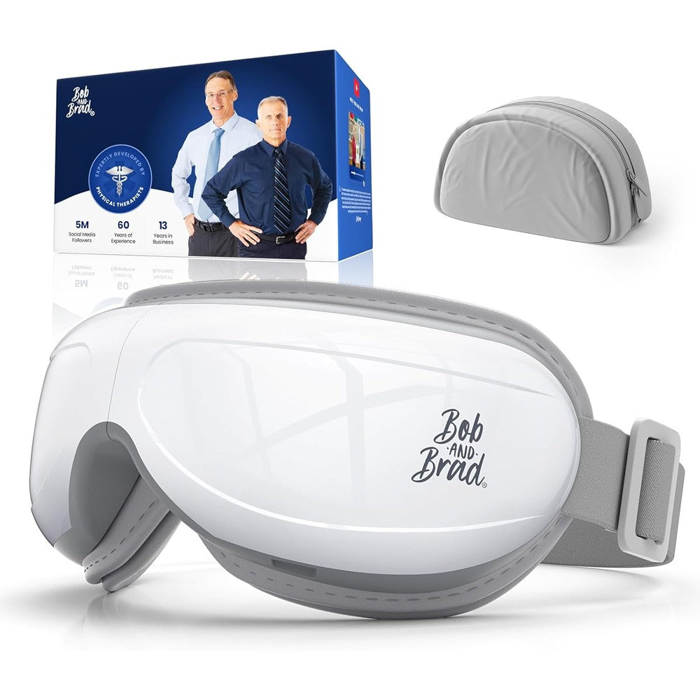 Bob and Brad EyeOasis 2 Eye Massager front view showing sleek white foldable design.