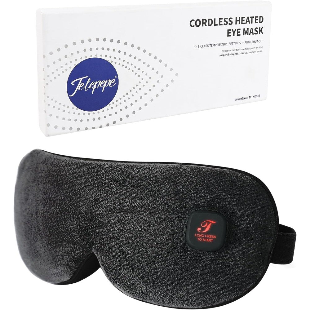 Telepepe cordless heated eye mask front view showing sleek black plush fabric design