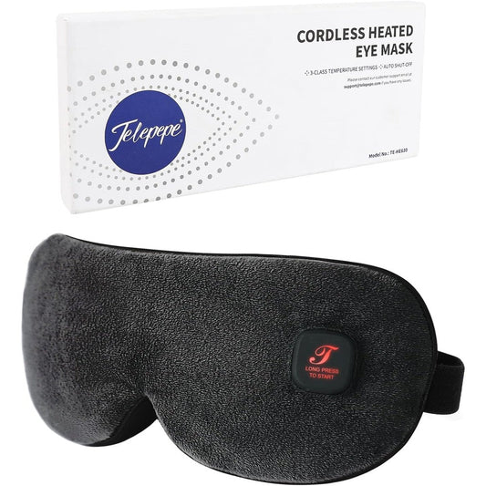 Telepepe cordless heated eye mask front view showing sleek black plush fabric design