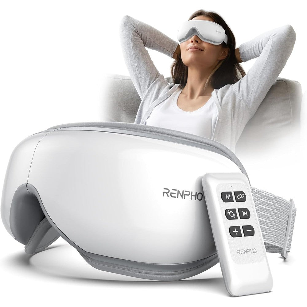 RENPHO Eyeris 1 eye massager front view featuring white foldable design for eye strain relief.