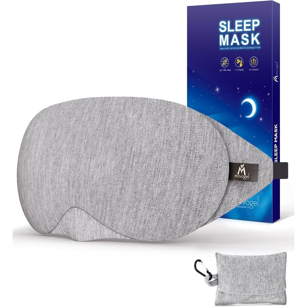 Mavogel Cotton Sleep Eye Mask front view showing grey fabric and nose bridge.