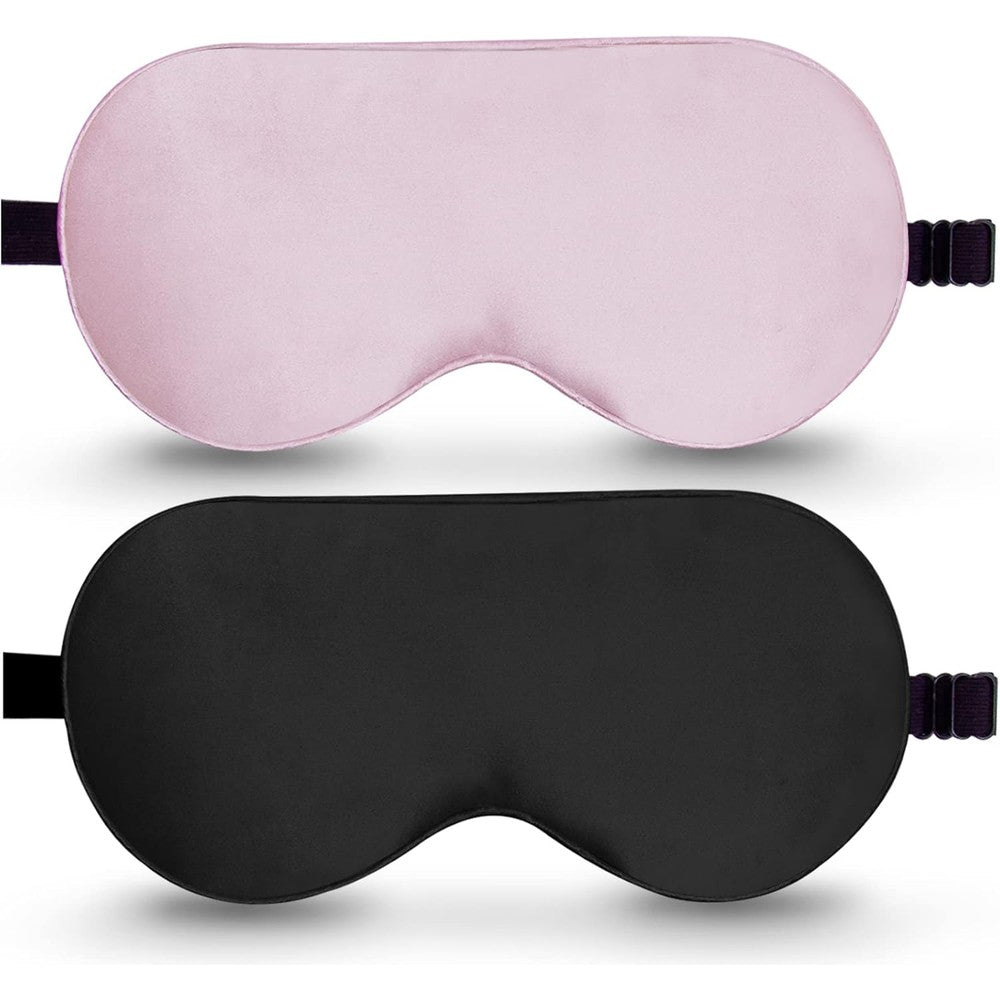 BeeVines Mulberry Silk Sleep Mask 2 Pack front view in pink and black.