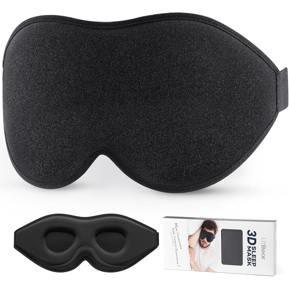 LitBear 3D Contoured Sleep Mask front view in black for total light blocking.
