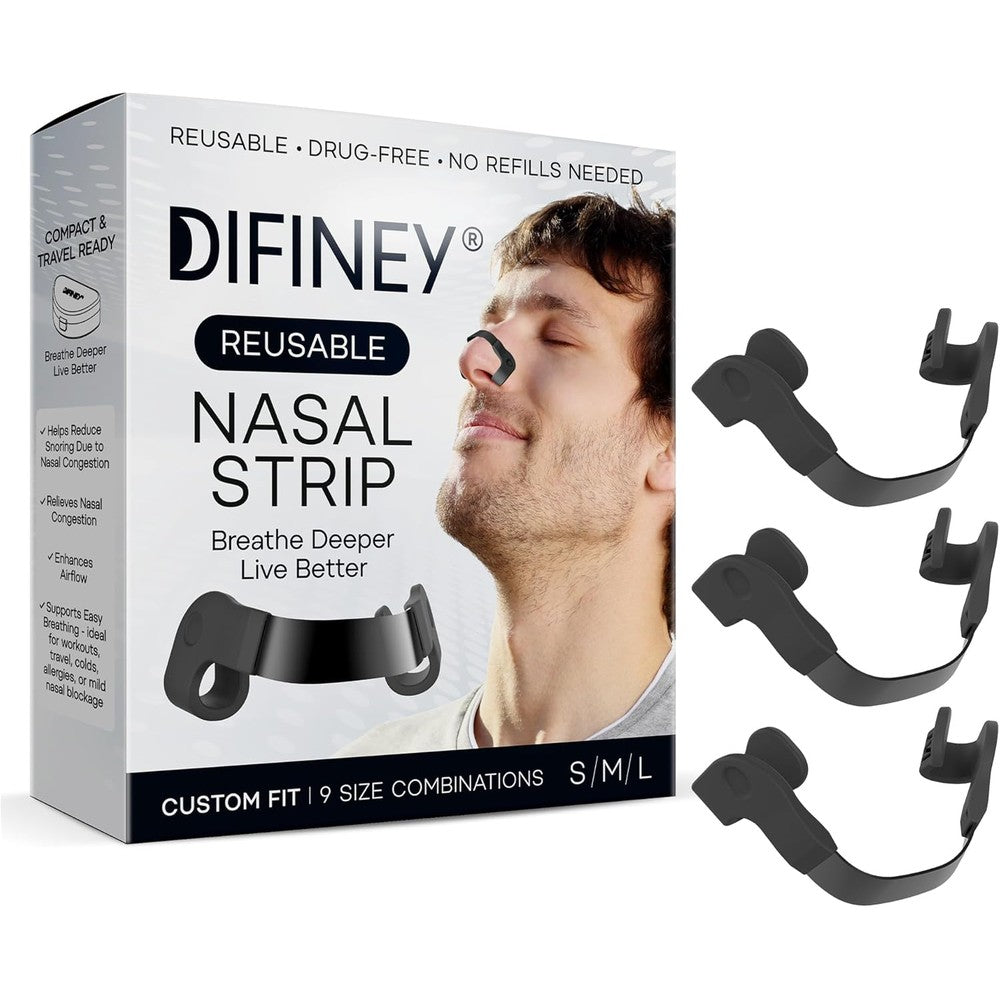 Difiney Reusable Nasal Strips front view showing the steel bridge and silicone arms for snoring relief.