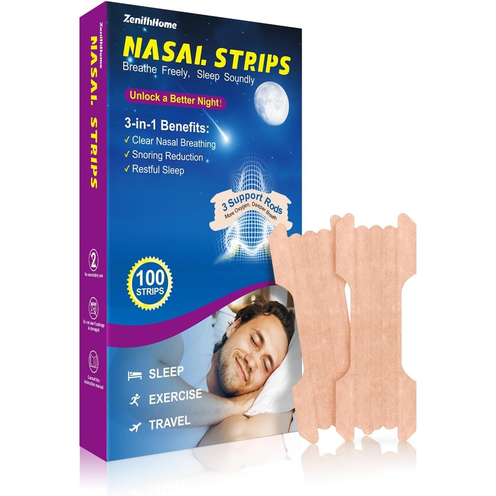 ZenithHome Nasal Strips 100 count box front view for snoring relief
