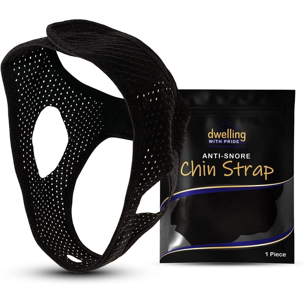 Dwelling With Pride Anti Snore Chin Strap front view showing ergonomic jaw support.