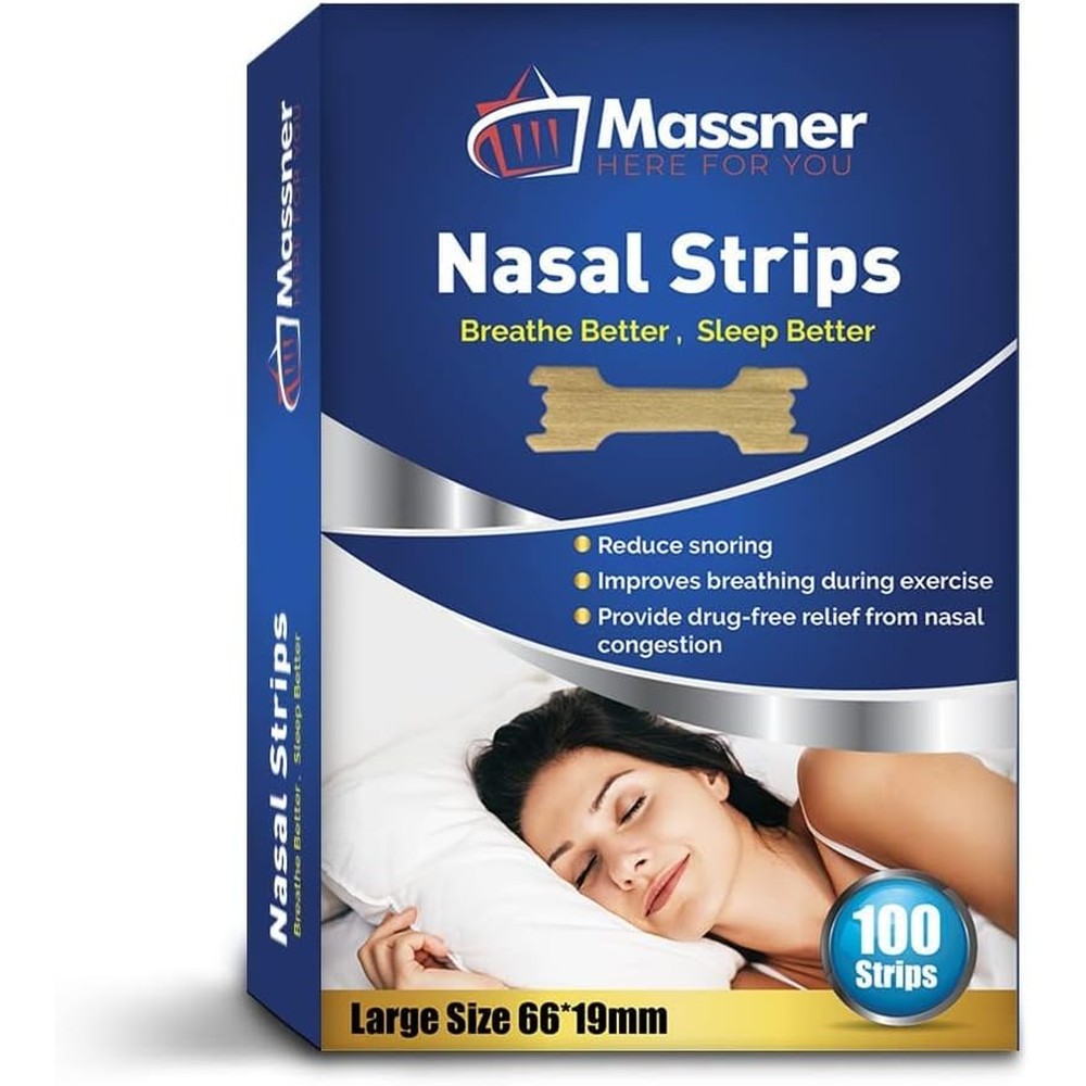 Massner Nasal Strips front view of 100 count box for snoring relief.