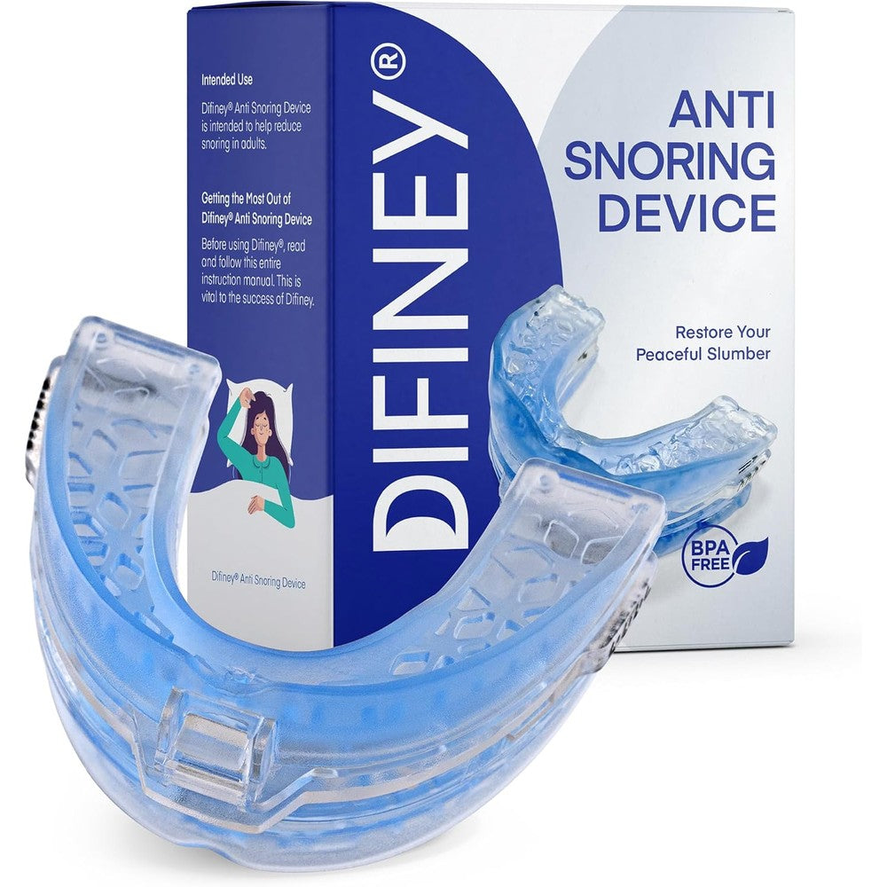 Difiney Anti Snoring Device front view showing blue adjustable mouthpiece.