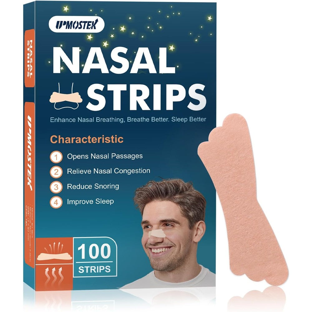 UPMOSTEK Extra Strength Nasal Strips 100 count box front view for snoring relief.