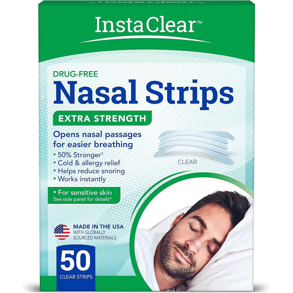 Instaclear Extra-Strength Nasal Breathing Strips 50 Count front packaging for snoring relief.