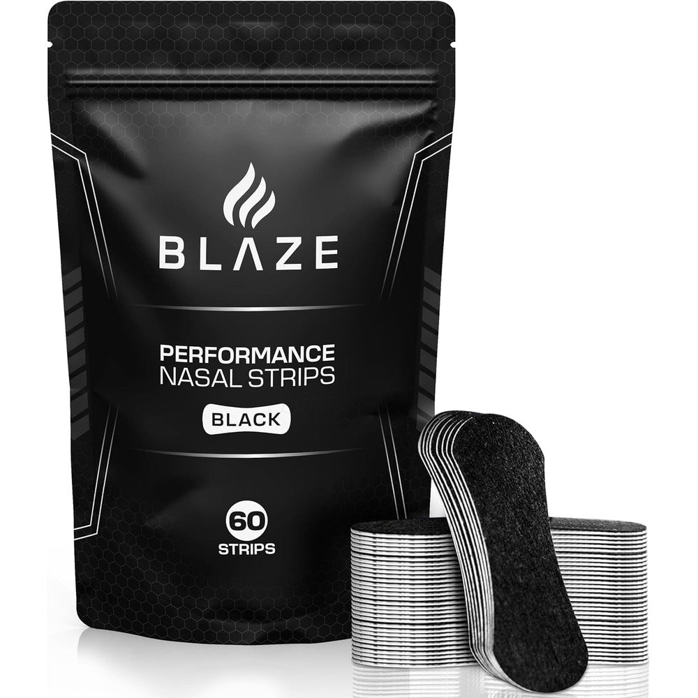 Blaze Performance Nose Strips 60 Count front packaging showing black athletic nasal strips.