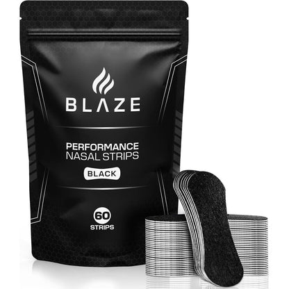 Blaze Performance Nose Strips 60 Count front packaging showing black athletic nasal strips.