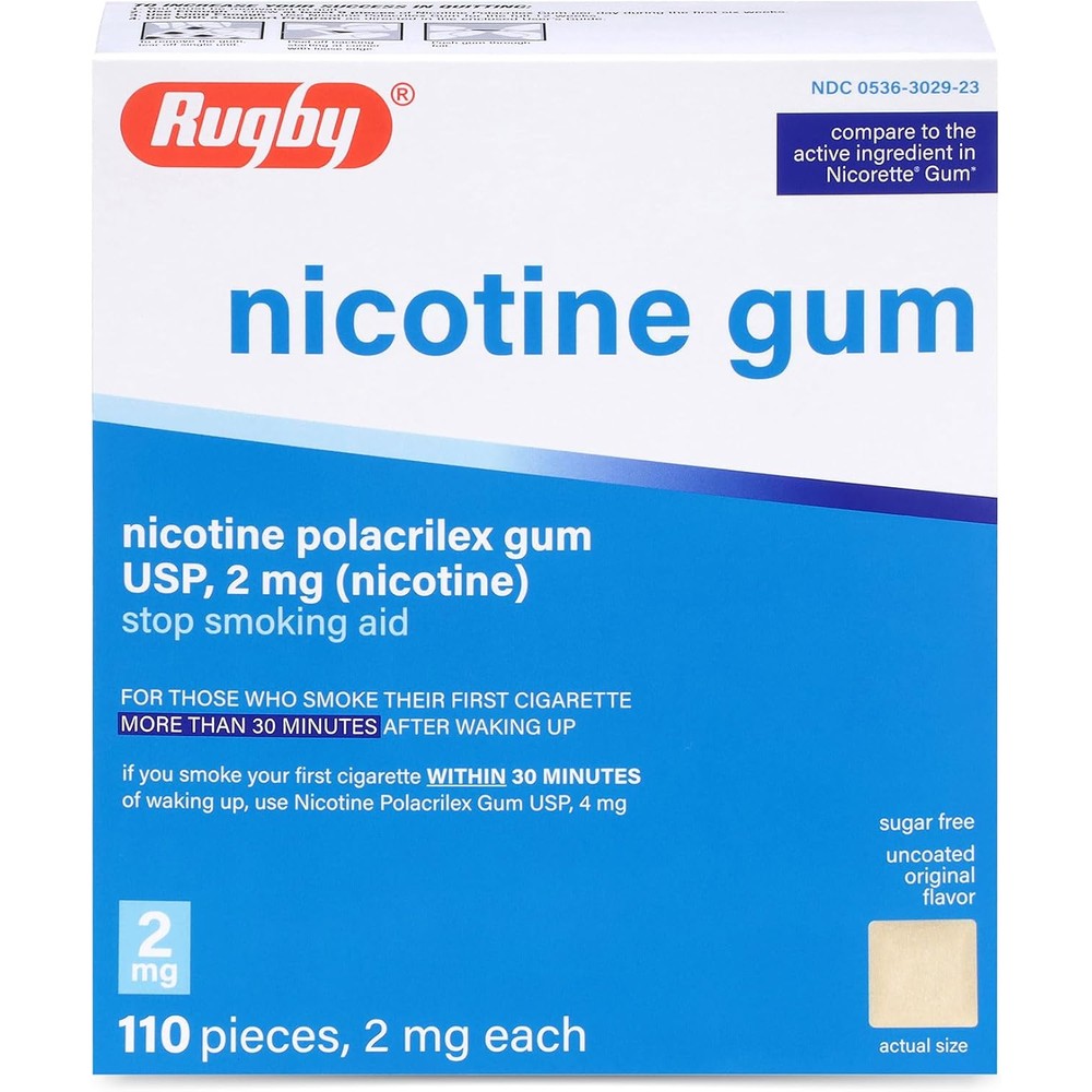 Rugby Laboratories Nicotine Polacrilex Gum 2mg front view for smoking cessation