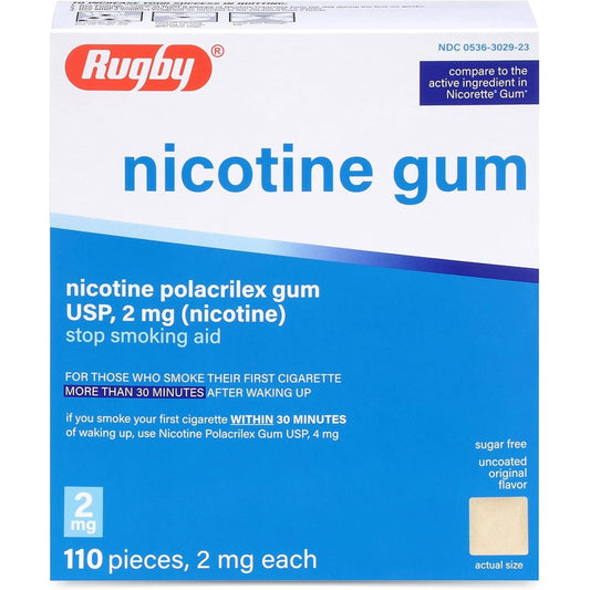Rugby Laboratories Nicotine Polacrilex Gum 2mg front view for smoking cessation