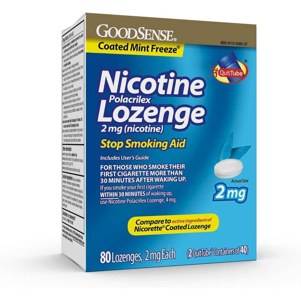 GoodSense Coated Ice Mint Nicotine Polacrilex Lozenges front packaging for smoking cessation.