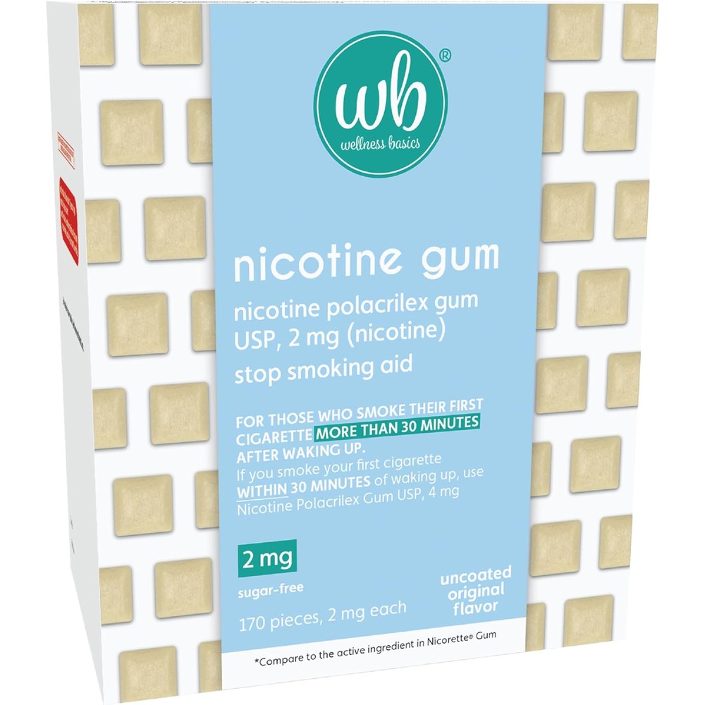 Wellness Basics Uncoated Nicotine Gum 2mg front packaging for smoking cessation.