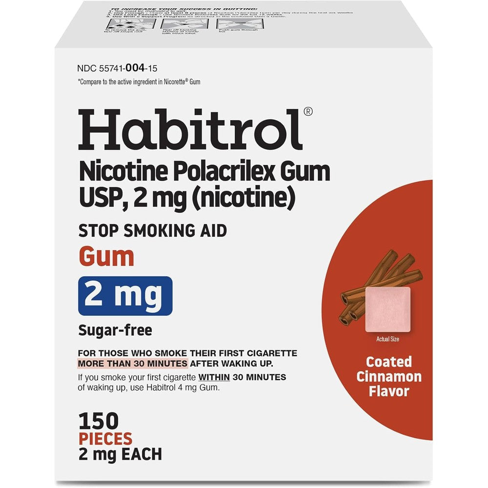 Habitrol Nicotine Gum 2mg Cinnamon Flavor 150 Count front box packaging for smoking cessation support.