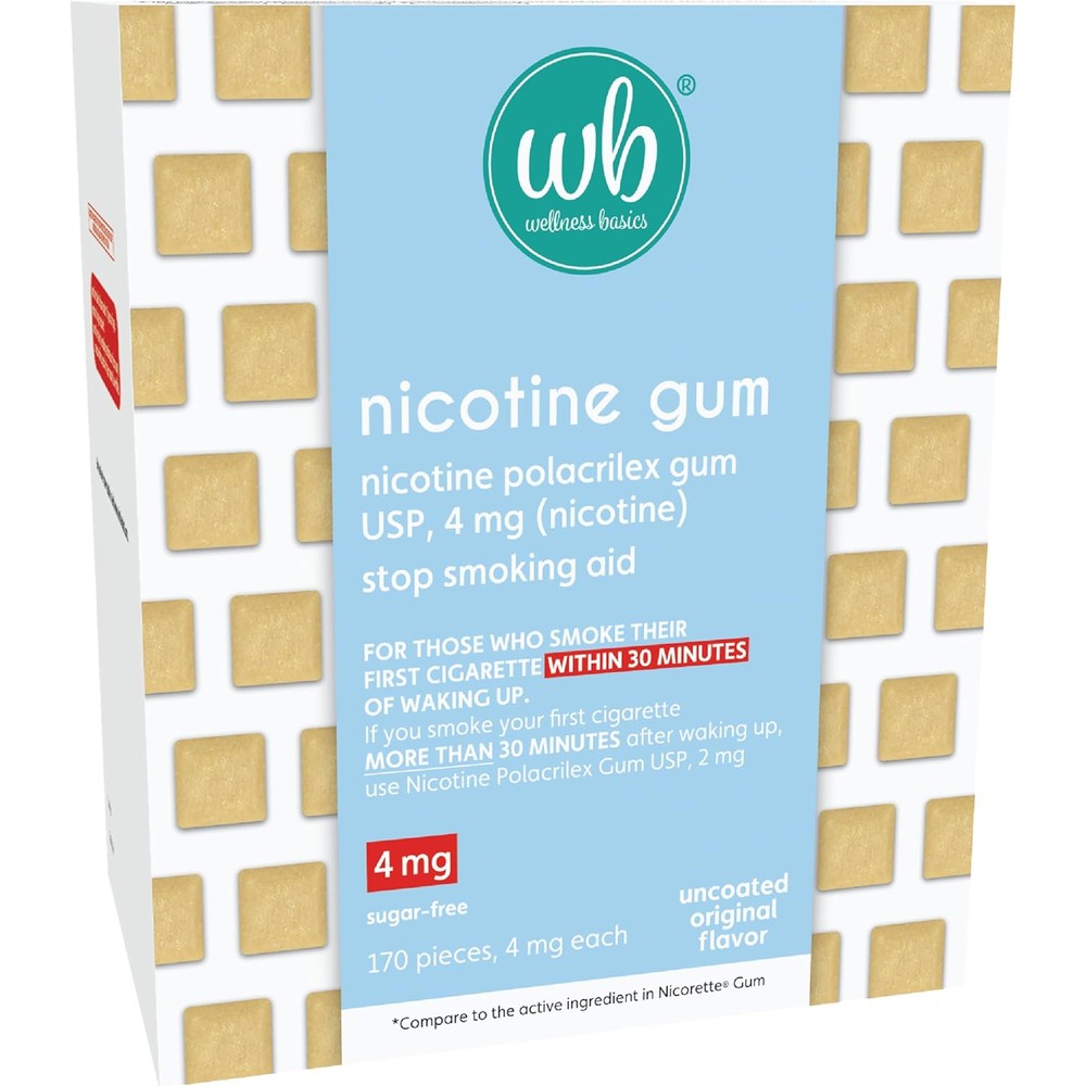 Wellness Basics Uncoated Nicotine Gum 4mg front packaging stop smoking aid.