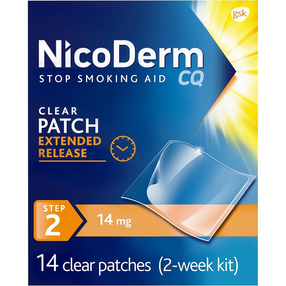 NicoDerm CQ Step 2 nicotine patches front packaging showing 14mg strength.