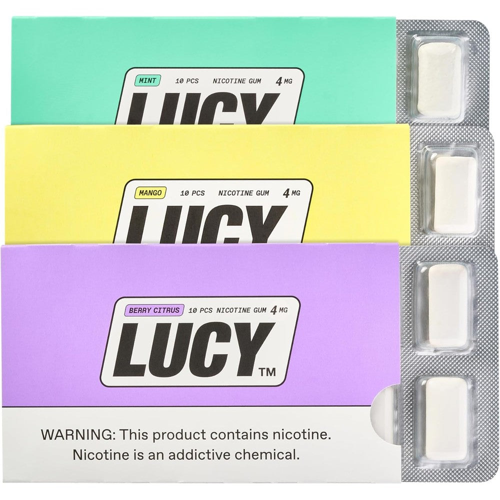 Lucy Nicotine Gum 4mg Variety Pack front view of 90 count box