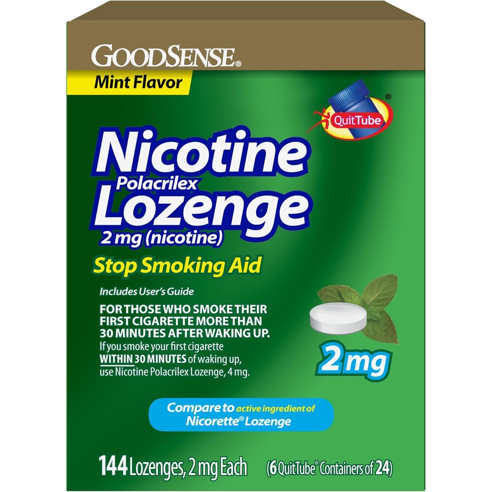 GoodSense Nicotine Polacrilex Lozenge Two Milligram front packaging displaying mint flavor smoking cessation aid details.