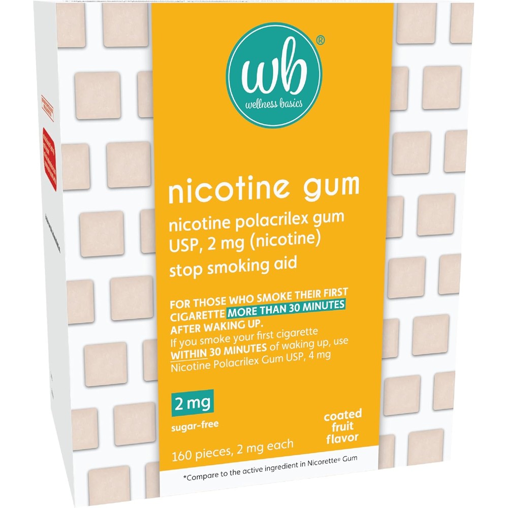 Wellness Basics Nicotine Gum 2mg 160 count bottle front view for smoking cessation