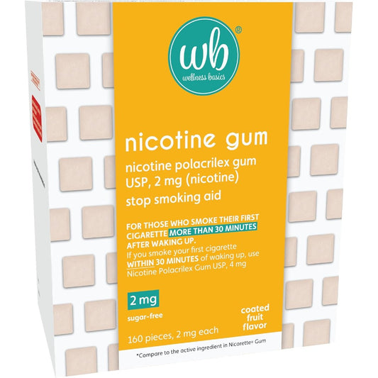 Wellness Basics Nicotine Gum 2mg 160 count bottle front view for smoking cessation