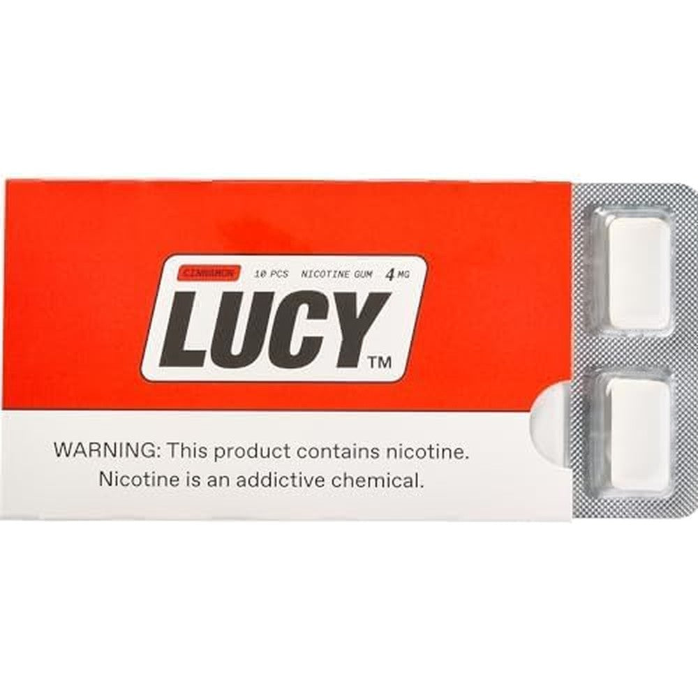 LUCY Nicotine Gum 4mg Cinnamon 100 Count front packaging for smoking cessation